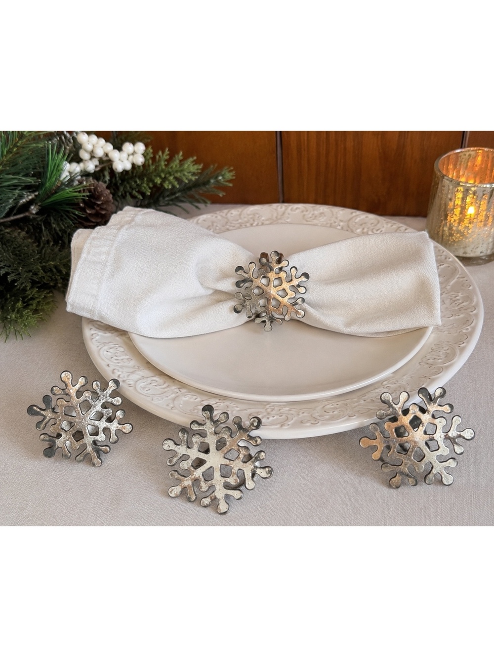 Vintage Silver Tone Snowflake Napkin Rings Set of 4 Christmas Holiday Table